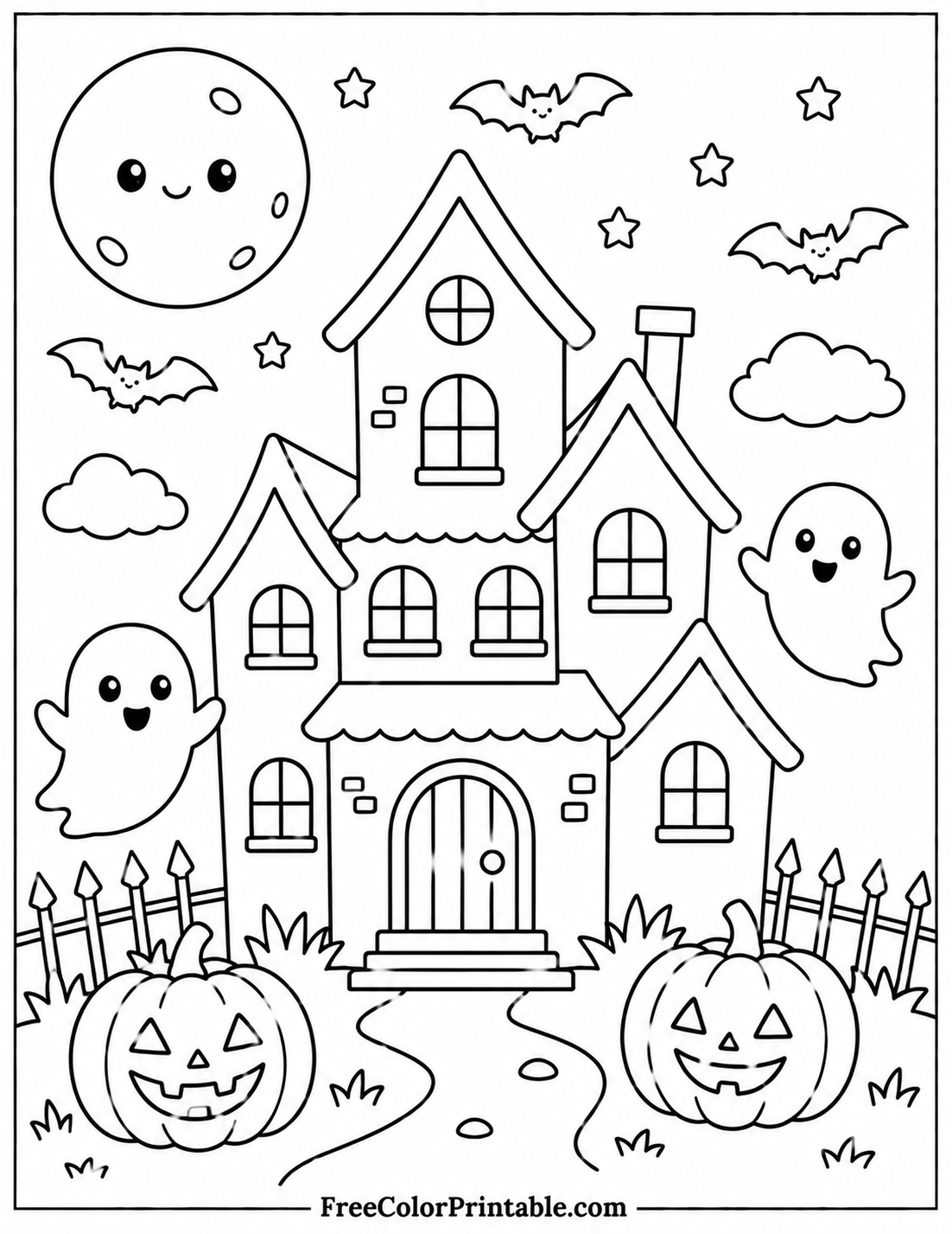 Kawaii haunted house Halloween scene Coloring Page — Free Printable — free printable coloring page